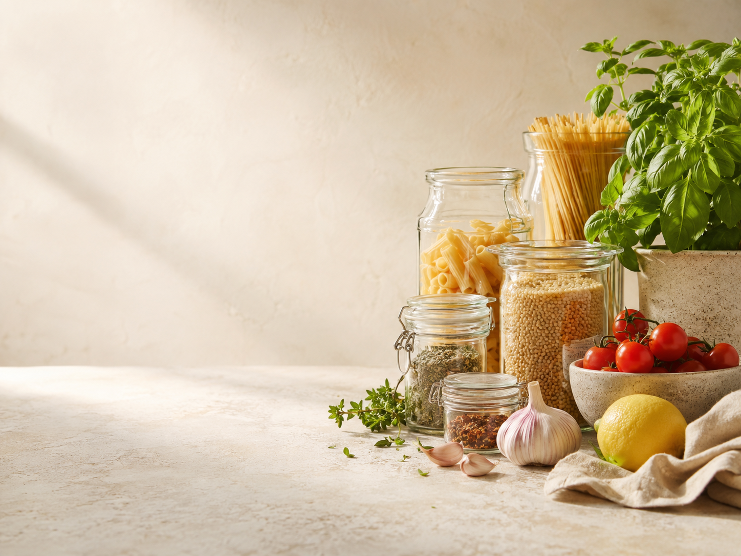 Tomatoes, herbs, garlic, pasta, and pantry jars on a warm kitchen counter